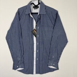 NWT Massimo Dutti Smart Fit Shirt Men Size 15.5 Long Sleeve Navy‎ Striped Cotton